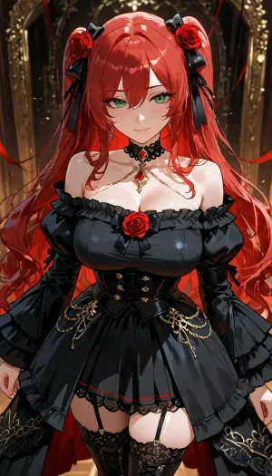 A stunning anime girl with long flowing crimson-red hair cascading behind her, a large red rose and black ribbon in her hair, bright green eyes, and a confident slight smile. She wears a white off-shoulder blouse, highly detailed face, intricate facial featureslarge detailed green eyes with catchlights and defined eyelashes, delicate nose and lips, subtle blush, refined facial structure, sharp focus on the face, beautiful detailed skin, with puffy ruffled sleeves and red ribbon bows, a black laced underbust corset decorated with red roses and dangling gold chains, a black high-low gothic skirt with a vivid red underside, black garter straps, sheer black thigh-high stockings, and black lace-up boots. A black choker is around her neck.walking head held high., <lora:victorian_dress-XL-2.0:2>, <lora:add-detail-xl:1.2>, <lora:attractive_notrigger:1.2>, <lora:detailed_notrigger:1.2>, <lora:LCMTurboMix_Euler_A_fix:1.2>