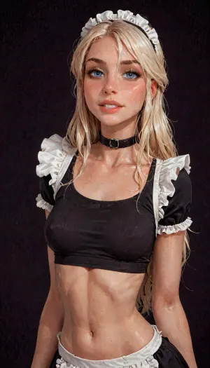 (reiq meets innv and Jack cayless art style), (Incase style:1.2), beautiful girl, blonde hair, very long hair, friendly slight smile showing her teeth, (face closeup), (((solo))), (black choker), (narrow waist), (sexy abs), (ruined makeup:.6), bangs over eye, symmetrical blue eyes, snub nose, plumb lips, parted lips, teeth visible, half-closed eyes, small breasts, (erect nipples), 1girl, ((face focus)), beads of sweat, sweat body, beautiful curves of the body, realistic detailed, deep insertion, intim light, (maid outfit), (black crop top:1.4), (simple dark background:1.8), skin texture, futuristic-fantasy-anime, incase, style, (ciri), (cirilla), <lora:sd_xl_turbo_lora_v1-64dim:2>, <lora:futureistic_fantasy_anime_sdxl_v1:2>, <lora:Incase_Style__SDXL:2>, <lora:SDXL_BetterFaces-LoRA_v1:.8>, <lora:Witcher3TurnXL_v1:.8>