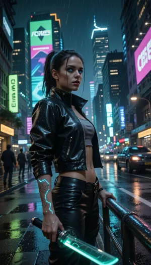 The frame is shot from a low angle, emphasizing the towering neon‑lit cityscape behind a lone cyber‑punk heroine. She stands on a rain‑slick asphalt street, her posture upright yet relaxed, one hand gripping a translucent holo‑blade that hums with acid‑green light while the other rests on a sleek, lacquered metal railing. Her eyes, augmented with iridescent cybernetic lenses, stare defiantly into the distance, a faint scar tracing the curve of her cheek, and her expression mixes fierce confidence with a hint of melancholy, as if she contemplates the next dangerous run. The front of the scene captures droplets of water clinging to the edge of her matte black latex jacket, the material reflecting the surrounding neon in subtle ripples, while a thin strand of neon‑blue circuitry tattoos glows along her forearm. In the middle ground, towering holographic billboards flash dynamic advertisements in acid‑green and dark‑blue, casting kaleidoscopic reflections onto the wet pavement and hinting at a bustling market where shadowy figures move in slow motion. Behind her, a horizon of futuristic megastructures pierces the night sky, their polished steel surfaces catching the occasional flicker of distant lightning, establishing depth and a sense of endless urban sprawl. Neon light from the signs provides a hard, cool‑toned rim lighting that outlines the heroine’s silhouette, creating sharp contrasts and deep shadows that cling to the textured leather and chrome of her outfit, while subtle ambient glow softens the edges of distant traffic. The atmosphere is thick with fine rain mist and drifting particles of light, each illuminated speck catching the neon glare and adding a dreamy, almost cinematic haze to the scene. Composition follows the rule of thirds, with the heroine positioned in the left third, the leading lines of the wet street tiles converging toward a vanishing point behind her, guiding the viewer’s eye through the bustling cyber‑city. The camera perspective uses a wide‑angle lens, approximately 24mm f/1.4, delivering a shallow depth of field that blurs the bustling crowd in the background while keeping the heroine in crisp focus, and a faint digital grain adds texture reminiscent of early‑2000s digital cinema. The overall mood is energetic, capturing the tension of a high‑speed chase frozen in time, inviting the audience to feel the pulse of a neon‑driven future., [low-angle], [neon], [cool], [energetic], [photo], [futuristic], [cyberpunk], [digital-2000s], [tracking], [digital], [wide]