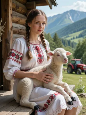A realistic photograph depicting a beautiful Slavic woman with two long plaits, sitting on the porch of a rustic log cabin in a white linen dress with a red floral pattern and lace trim. She is gently cradling a meticulously rendered lamb on her lap. The lamb features scientifically accurate anatomy, realistic split black hooves, horizontal sheep’s pupils and short, curly wool. In the background is a softly blurred green valley with mountains and a small red tractor, bathed in bright afternoon sunlight. Taken with a shallow depth of field, this photograph is a hyper-realistic photorealistic masterpiece in 8K format, (natural lighting), .
