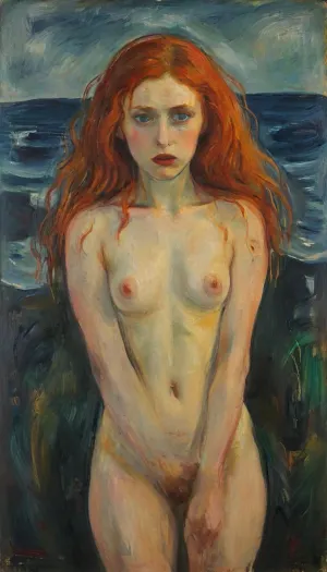 expressionism, full body view of an 18 year old redhead college female, very very long curly wavy messy ginger red hair, (intense hair colour), hairy trimmed landing strip red pussy, red pubic hair, dark green eyes, carmine red lipstick, small breast, venitian ginger red hair, somptuous necklace, ((orgasm face)), full body view, <lora:FF-Style-Edvard-Munch-vpred:.8>, mnch, <lora:mnch:.8>, style, of, Edvard, Munch, <lora:tbh115-sdxl:.8>, expressionist, painting, <lora:EldritchExpressionism:.8>