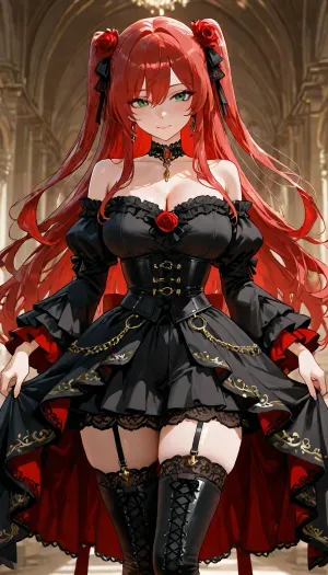 A stunning anime girl with long flowing crimson-red hair cascading behind her, a large red rose and black ribbon in her hair, bright green eyes, and a confident slight smile. She wears a white off-shoulder blouse, highly detailed face, intricate facial featureslarge detailed green eyes with catchlights and defined eyelashes, delicate nose and lips, subtle blush, refined facial structure, sharp focus on the face, beautiful detailed skin, with puffy ruffled sleeves and red ribbon bows, a black laced underbust corset decorated with red roses and dangling gold chains, a black high-low gothic skirt with a vivid red underside, black garter straps, sheer black thigh-high stockings, and black lace-up boots. A black choker is around her neck.walking head held high., <lora:victorian_dress-XL-2.0:2>, <lora:add-detail-xl:1.2>, <lora:attractive_notrigger:1.2>, <lora:detailed_notrigger:1.2>, <lora:LCMTurboMix_Euler_A_fix:1.2>