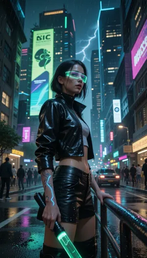 The frame is shot from a low angle, emphasizing the towering neon‑lit cityscape behind a lone cyber‑punk heroine. She stands on a rain‑slick asphalt street, her posture upright yet relaxed, one hand gripping a translucent holo‑blade that hums with acid‑green light while the other rests on a sleek, lacquered metal railing. Her eyes, augmented with iridescent cybernetic lenses, stare defiantly into the distance, a faint scar tracing the curve of her cheek, and her expression mixes fierce confidence with a hint of melancholy, as if she contemplates the next dangerous run. The front of the scene captures droplets of water clinging to the edge of her matte black latex jacket, the material reflecting the surrounding neon in subtle ripples, while a thin strand of neon‑blue circuitry tattoos glows along her forearm. In the middle ground, towering holographic billboards flash dynamic advertisements in acid‑green and dark‑blue, casting kaleidoscopic reflections onto the wet pavement and hinting at a bustling market where shadowy figures move in slow motion. Behind her, a horizon of futuristic megastructures pierces the night sky, their polished steel surfaces catching the occasional flicker of distant lightning, establishing depth and a sense of endless urban sprawl. Neon light from the signs provides a hard, cool‑toned rim lighting that outlines the heroine’s silhouette, creating sharp contrasts and deep shadows that cling to the textured leather and chrome of her outfit, while subtle ambient glow softens the edges of distant traffic. The atmosphere is thick with fine rain mist and drifting particles of light, each illuminated speck catching the neon glare and adding a dreamy, almost cinematic haze to the scene. Composition follows the rule of thirds, with the heroine positioned in the left third, the leading lines of the wet street tiles converging toward a vanishing point behind her, guiding the viewer’s eye through the bustling cyber‑city. The camera perspective uses a wide‑angle lens, approximately 24mm f/1.4, delivering a shallow depth of field that blurs the bustling crowd in the background while keeping the heroine in crisp focus, and a faint digital grain adds texture reminiscent of early‑2000s digital cinema. The overall mood is energetic, capturing the tension of a high‑speed chase frozen in time, inviting the audience to feel the pulse of a neon‑driven future., [low-angle], [neon], [cool], [energetic], [photo], [futuristic], [cyberpunk], [digital-2000s], [tracking], [digital], [wide]