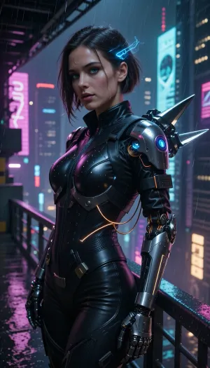 A masterful cinematic photograph, the pinnacle of photorealistic cyberpunk portraiture. The central subject is a strikingly beautiful 22-year-old cyberpunk woman with sharply defined features and luminous electric cyan eyes revealing intricate iris detail. She stands in a relaxed, confident pose on a rain-slicked, elevated steel walkway overlooking a vast, neon-bathed nocturnal megacity. She wears a high-end, richly detailed tactical suit crafted from matte black leather, ballistic nylon, and dark carbon-fiber armor plating, blending sleek "street-tech" elegance.

Her cybernetic augmentations are refined and hyper-detailed, delicate chrome conduits, visible fiber-optic cables emitting a soft glow, and integrated micro-hydraulic joints at her arms. Her left arm is an advanced polished-titanium prosthesis featuring complex mechanical segmentation, copper wiring, and glowing micro-sensors. Her hair is styled in a sharp, asymmetrical dark bob, accented by fine fiber-optic strands that glow softly in the dark and glisten with fresh rainwater. Her expression is serene, piercing, and intensely cinematic, the rendering captures flawless skin texture, including subtle micro-pores, fine downy hair, and realistic water droplets trickling down her cheeks.

A compact, high-tech jetpack unit is mounted on her upper back, featuring sleek titanium stabilizer fins that shimmer in the ambient neon light. The setting is a rain-soaked cyberpunk metropolis in the dead of night, featuring colossal skyscrapers, floating holographic advertisements, and a dense fog stretching to the horizon. A walkway descends toward a flooded, glowing esplanade below that reflects the brilliant neon lights. The scene is bathed in dramatic, high-contrast volumetric lighting—blending deep magenta, teal, and electric cyan—that cuts through the thick atmospheric haze and driving rain. Captured with a professional 85mm prime lens at f/1.4, cinematic depth of field, razor-sharp focus on the face, soft-bokeh background, hyper-realistic fabric textures, natural cloth folds, volumetric light rays, Unreal Engine 5 aesthetic, global illumination, path tracing, 8K resolution.