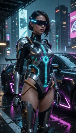 A masterclass cinematic cyberpunk illustration. The central subject is a strikingly beautiful 22-year-old cyberpunk woman with sharply defined features and an asymmetrical dark bob glistening with rainwater. She wears a high-tech ultrathin cybernetic visor, an ultra-sleek, borderless obsidian glass band wrapped tightly across her eyes, emitting a sharp horizontal line of electric cyan laser-light and dense, glowing holographic data-streams flickering across its reflective surface.

She stands in a confident pose next to a sleek, low-slung futuristic cyberpunk sports car parked on a rain-slicked, neon-bathed elevated street overlooking a vast nocturnal megacity. Her outfit is an ultra-technical, high-density cybernetic hardsuit, a honeycomb-textured smart-mesh base layer reinforced with segmented polymer composite armor plates, visible micro-circuitry etched onto metallic panels, exposed energy conduits glowing in cyan along the ribs, integrated hydraulic waist-actuators, and heavy-duty mechanical thigh-high boots with shock-absorbing servos.

Her cybernetic augmentations include refined chrome conduits, visible fiber-optic cables, integrated micro-hydraulic joints, and advanced mechanical cybernetic arms featuring polished titanium plating, copper wiring, and glowing micro-sensors. Embedded along her upper spine is a compact industrial Power Core—a vertical cylindrical reactor visible through ribbed reinforced glass, housing a pulsating core of swirling blue energy plasma, with heavy power conduits feeding directly into her cybernetic arms.

The futuristic car beside her features razor-sharp aerodynamic lines, a dark matte obsidian body, glowing neon underglow strips in deep magenta, exposed glowing engine components, and rain-streaked metallic surfaces reflecting the surroundings. The setting is a rain-soaked cyberpunk metropolis at night, with colossal skyscrapers, floating holographic advertisements, and dense fog stretching to the horizon. The scene is bathed in dramatic, high-contrast volumetric lighting blending deep magenta, teal, and electric cyan. Cinematic depth of field, razor-sharp focus on the character and vehicle, soft-bokeh background, Unreal Engine 5 render aesthetic, global illumination, 8k resolution.