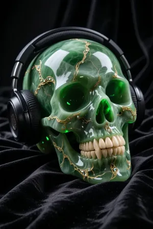 Product photo, A professional photograph captured with a full-frame DSLR camera using an 85mm prime lens, bottom-up view, close-up shot. spectacular, opulent luxury human skull, masterfully hand-carved from a single block of rare imperial green jade with an intense internal green glow. The skull features an extraordinary contrast of materials, each individual tooth on the jaw is flawlessly inlaid and masterfully hand-carved from genuine warm-cream ivory with a realistic matte organic texture. The skull rests elegantly on a background of luxurious, heavily draped, deep midnight-black royal velvet fabric with rich realistic textile folds. The jade displays an enhanced micro-texture with intricate glowing golden pyrite veins. Wearing professional modern DJ headphones made of premium matte-black brushed metal. High-contrast cinematic studio lighting dramatically penetrates the translucent jade edges, creating deep, soft volumetric shadows on the plush velvet wrinkles. Sharp focus, maximum detail, best quality, realistic photography style.