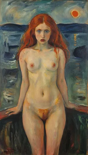 expressionism, full body view of an 18 year old redhead college female, very very long curly wavy messy ginger red hair, (intense hair colour), hairy trimmed landing strip red pussy, red pubic hair, dark green eyes, carmine red lipstick, small breast, venitian ginger red hair, somptuous necklace, ((orgasm face)), full body view, <lora:FF-Style-Edvard-Munch-vpred:.8>, mnch, <lora:mnch:.8>, style, of, Edvard, Munch, <lora:tbh115-sdxl:.8>, expressionist, painting, <lora:EldritchExpressionism:.8>