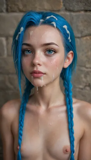 1girl, in a stone walled dungeon, (jinx from arcane), (young:1.9), cute, legal age of consent, long hair, very pale skin, smooth unblemished skin, breasts, small round breasts, tiny hard nipples, tiny areolas, blue hair, snub nose, freckles, closed mouth, bare shoulders, blue eyes, nipples, collarbone, upper body, hetero, solo focus, lips, (whip marks on tits), ((oiled skin:1.2)), (((viewer is choking her with both hands, she can barely breathe))), (sad), (depressed), abused, (scared), ((crying:1.6)), (((ruined makeup:1.5))), (tears), against wall, arms tied behind her back, firm breasts, (cum on face:1.8), (cum in hair:2), (cum spilling out of her mouth), (extra long cum drips on chin), jinx, (league, of, legends), <lora:MIAOKA_JINX_1.0_SDXL:2>