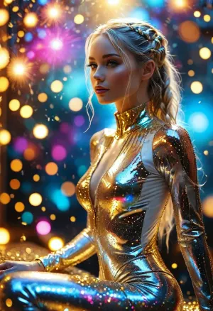 futuristic striking belle woman, 40 yo, shining metallic bodysuit, suit studded with diatoms, iridescent colors, long braids white high pony tail, sitting on podium, dynamic, glitter bombs bokeh, glitter and lens flares, astral projection, futuristic sparkles, gold sparkles, shimmer glisten, face gold sparkles, extreme surreal, maximum aperture. /KlTTY-ART/, <lora:COMFYUI_mimic_landscape_-_XL_SDXL v2.0:.1>, <lora:attractive_notrigger:.1>, <lora:MJ52:.1>
