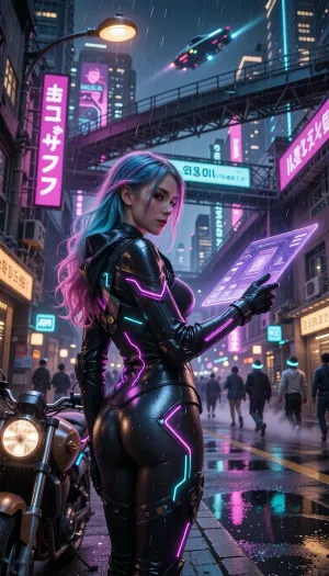 A young woman stands beneath a flickering holo‑banner, her hair dyed a gradient of electric blue fading into neon pink, each strand catching the ambient glow like liquid glass. She wears a form‑fitting exosuit of matte black carbon fiber panels overlaid with iridescent circuitry that pulses with a soft violet light, the material reflecting the rain‑slick streets in fractured shards. Her pose is half‑turned, left shoulder slightly raised, as she extends a gloved hand toward a floating transparent tablet that projects a cascade of holographic data, her eyes narrowed with focused determination. A thin mist of rain clings to the edge of her coat, droplets forming tiny prisms that scatter neon pink and cyan across the surface of the nearby puddle. In the foreground, a rust‑colored motorcycle with chrome accents rests against a cracked curb, its headlights casting thin amber streaks that intersect the wet asphalt. The middle ground reveals a bustling alley crowded with silhouetted pedestrians wearing luminous visors, their hurried steps stirring up steam from underground vents. Overhead, a network of multi‑level skyways crisscrosses the scene, their steel girders illuminated by scrolling Japanese kanji and English slogans in bright magenta and teal, each sign dripping with rain‑soaked reflections. Flying cars glide silently above, their sleek hulls leaving faint trails of phosphorescent light that echo the city’s pulsating heartbeat. The background stretches into a sprawling cyber‑punk megacity, towering skyscrapers sheathed in glass and neon, their façades etched with intricate circuit‑like patterns that catch the occasional flash of distant thunder. Neon light from a colossal billboard washes the whole scene in a cold, violet‑tinged glow, while a nearby streetlamp adds a soft, warm rim of orange that outlines the girl’s silhouette. A constant drizzle creates a veil of fine mist that hovers in the air, catching particles of light and giving the atmosphere a humid, oppressive feel, while the wet pavement mirrors the kaleidoscope of colors above. The composition follows a wide shot framing, placing the girl off‑center according to the rule of thirds, with the neon signs and skyways forming leading lines that draw the viewer’s eye from the foreground motorcycle up to the soaring cityscape. The camera perspective mimics a 24mm wide‑angle lens with an aperture of f/1.8, producing a moderate depth of field that keeps the subject sharp while allowing the distant skyline to retain a subtle softness, and a slight film grain adds texture to the night scene. The overall mood is ominous, the combination of relentless rain, cold neon illumination, and the girl’s steely resolve suggesting a narrative of survival in a hyper‑connected, unforgiving future.