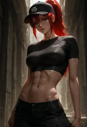 (semi-realistic:1.4), (skinny body:1.4), (medium breast:1.2), <lora:Concept Art DarkSide Style LoRA_SeaArt Furry XL 1.0:1.5>, <lora:EnvyStarlightPrettyEyes01:1.1>, <lora:dark:2>, sexy young woman, tight high red ginger ponytail, black baseball cap slightly tilted, short tight black crop top, black military cargo pants, toned abs, confident stance, detailed face, realistic, cinematic lighting, high detail, spread legs