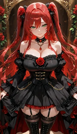 A stunning anime girl with long flowing crimson-red hair cascading behind her, a large red rose and black ribbon in her hair, bright green eyes, and a confident slight smile. She wears a white off-shoulder blouse, highly detailed face, intricate facial featureslarge detailed green eyes with catchlights and defined eyelashes, delicate nose and lips, subtle blush, refined facial structure, sharp focus on the face, beautiful detailed skin, with puffy ruffled sleeves and red ribbon bows, a black laced underbust corset decorated with red roses and dangling gold chains, a black high-low gothic skirt with a vivid red underside, black garter straps, sheer black thigh-high stockings, and black lace-up boots. A black choker is around her neck.walking head held high., <lora:victorian_dress-XL-2.0:2>, <lora:add-detail-xl:1.2>, <lora:attractive_notrigger:1.2>, <lora:detailed_notrigger:1.2>, <lora:LCMTurboMix_Euler_A_fix:1.2>