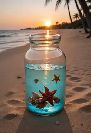 A cylindrical glass jar filled with a miniature tropical beach landscape, (glistening turquoise water:1.2), at the top rim with, (subtle water droplets:1.1), cascading down, the scene inside the jar depicts a serene sunset over the ocean, silhouettes of palm trees along a sandy beach, (vibrant warm sunset colors:1.3), transitioning to deep oranges and soft purples, the bottom of the jar is layered with, (intricate seashells and starfish:1.4), nestled in fine beach sand, hyper-realistic glass texture, sharp focus, (cinematic lighting:1.2), macro photography style, blurred palm tree leaves in the background, bokeh effect, 8k resolution, ethereal atmosphere, highly detailed textures, vibrant colors, magical coastal aesthetic