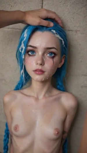 1girl, (jinx from arcane), (young:1.9), cute, legal age of consent, long hair, very pale skin, smooth unblemished skin, breasts, blush, small round breasts, tiny hard nipples, tiny areolas, blue hair, 1boy, snub nose, freckles, closed mouth, bare shoulders, blue eyes, nipples, collarbone, upper body, ponytail, hetero, solo focus, looking to the side, lips, pov, (whip marks on tits), ((oiled skin:1.2)), one hand grabbing her throat, (sad), (depressed), abused, ((crying:1.5)), (((ruined makeup:1.3))), tears, angry, out of frame, (squeezing neck hard), choking, pov hand, against wall, arms tied behind her back, deep skin, firm breasts, (cum on face:1.8), (cum in hair:2), (cum spilling out of her mouth), (extra long cum drips on chin), jinx, (league, of, legends), <lora:MIAOKA_JINX_1.0_SDXL:2>