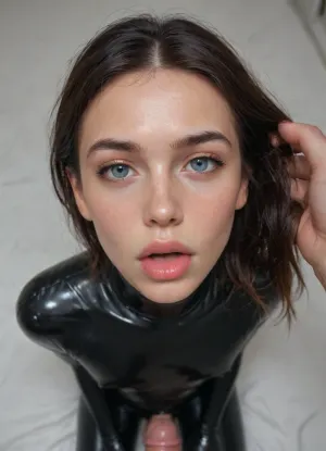 In photo studio, white background, Hyper realistic, high angle, (1 man, 1 femboy), (very petite), skinny, defined abs, (24 yo femboy), skintight black latex jumpsuit, long black hair, (very sexy), (pointy medium bust), thigh gap, (penis bulge:1.1), (super shiny latex), femboy is on her knees, man is forcing her to give him a blowjob, pulling hair, (forced oral sex)