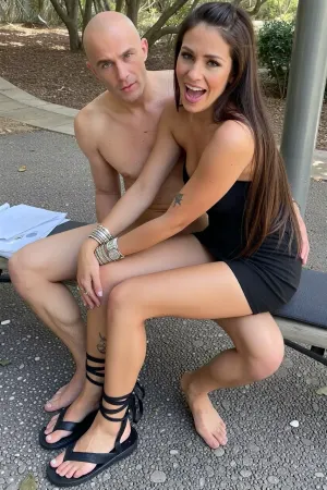 Photograph from above a Woman 40 years old sitting over a man in outdor, woman wearing a short black dress, very thin bald naked man with gicantic dick, They are looking at the camera, smiling and posing., sitting over a thin bald man 20 year old beside her during an interview, with dirty feet, ((woman very tanned skin)), ((black flat sandals with laces wrapping up the calf)), ((woman Is very thin)), very thin, woman in very long straight brown hair, full body view, very thin legs, tatoo, long ponytail, ((very thin legs and arms)), woman very shocked face, lots of steel bracelets on the right wrist and a steel watch on the left, very long legs