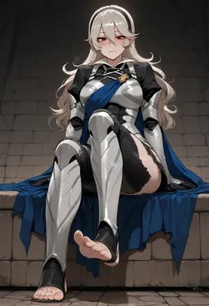 (Ratatatat74), (Corrin), solo, dressed, armor, sitting, foot, toes, stepping on viewer, <lora:ratatatat74-000050:.8>