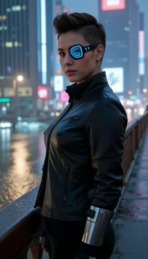 A masterful cinematic photograph, the pinnacle of photorealistic cyberpunk portraiture. The central subject is a strikingly beautiful 22-year-old cyberpunk woman with sharply defined features and luminous electric cyan eyes revealing intricate iris detail. She wears a worn black leather jacket layered over a high-end tactical suit crafted from ballistic nylon and dark carbon-fiber armor plating, blending sleek "street-tech" elegance, reveling her breasts.

Her hair is styled in a sharp, edgy cyberpunk mohawk glistening with rainwater. Over her right eye is a square electronic monocle implant with glowing cyan HUD micro-displays and fine copper wiring integrated into her temple. Her left arm is an advanced polished-titanium prosthesis featuring complex mechanical segmentation, copper wiring, delicate chrome conduits, visible fiber-optic cables, and glowing micro-sensors.

She stands in a relaxed, confident pose on a rain-slicked, elevated steel walkway overlooking a vast, neon-bathed nocturnal megacity. Her expression is serene, piercing, and intensely cinematic. The rendering captures raw organic skin texture, including subtle micro-pores, fine downy hair, and realistic water droplets trickling down her cheeks.

The setting is a rain-soaked cyberpunk metropolis in the dead of night, featuring colossal skyscrapers, floating holographic advertisements, and a dense fog stretching to the horizon. A walkway descends toward a flooded, glowing esplanade below that reflects the brilliant neon lights. The scene is bathed in dramatic, high-contrast volumetric lighting—blending deep magenta, teal, and electric cyan—that cuts through the thick atmospheric haze and driving rain. Captured with a professional 85mm prime lens at f/1.4, cinematic depth of field, razor-sharp focus on the face, soft-bokeh background, hyper-realistic fabric textures, natural cloth folds, volumetric light rays, 8k resolution.