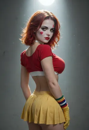 A studio photo of a woman with huge breasts and round ass in stylized Ronald McDonald cosplay, looking back over her shoulder with a serious expression. She has red medium-length hair, white clown face paint, a red clown nose, and dark tear-streaked eye makeup. Wearing a yellow crop top with red-and-white striped arm warmers, a single yellow glove, a white choker, and a yellow pleated mini-skirt with red tabs. Soft studio lighting, neutral two-tone grey wall background, clean editorial fashion portrait photography, shot on 35mm lens