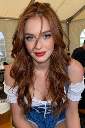 Beer tent interior scene, close-up, beautiful woman, beauty, cute, slim, deep green eyes, red lipstick, (long redhead hair, extremely long hair, wavy hair, tousled hair across face:1), (slight smile:1), freckles, realistic, detailed skin texture, moist skin, (blue and white Bavarian dirndl with short skirt:1.2), sleeves, detailed skin, pale skin