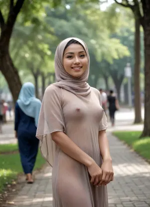 Cinematic pornography, candid moment, just a muslimah doing nude challenge in public place shyly, Zaskia Ramli, hejab, scarf, sheer fabric, highly detailed naked body silhouette, regular body proportions, puffy nipples and areolas, detailed face, teary eyes, blushing, average beauty, uncomfortable smile, dappled light through tree canopy, a group of people nearby, center of attention, Universiti Kuala Lumpur, desaturated, translucent atmosphere, in the style of Yanjun Cheng