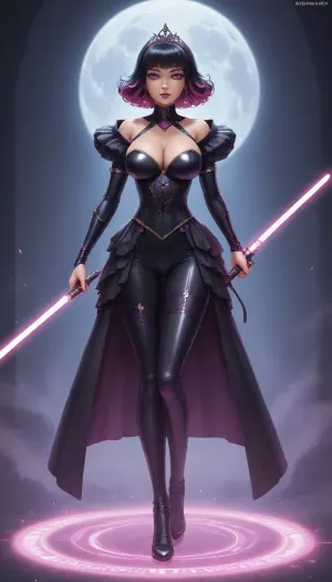 Score_10, A photorealistic, full-body portrait of a tall, striking adult woman elegant Sith Lord. Preserve her natural appearance and proportions. She has a long, softly sculpted oval face with a gently tapered jaw, narrow rounded chin, and a smooth forehead. Her eyebrows are thin, sexy shaped and softly arched. Her large almond-shaped eyes are naturally light green-hazel with a darker outer rim, framed by long, dense eyelashes. As a Sith, transform her irises into luminous amber-gold with subtle fiery orange undertones while maintaining their original shape. She has a slender, straight nose with a softly rounded, tip. Her lips are normal and sexual, with a Cupid’s bow, and soft natural pink coloring. Her complexion is warm and dark sun-kissed with realistic darkly tanned skin, Neon Pink hair is long and curly, majority is swept back dramatically.
She has a slender neck, gently sloping shoulders and a tall, distinctly curvaceous hourglass figure. Her bust is, her rib cage and midsection narrow, and her waist defined with thin hips. Her arms are long and lean with soft natural definition, hands are slender with medium fingers. full shapely thighs and long, proportionate legs. Keep her anatomy realistic, feminine and naturally balanced. sexy lingerie battled hardened Sith Lord rather than a bulky armored soldier. Her fitted Sith ensemble is predominantly anodized pink and metallic black, following the contours of her tall hourglass figure, with elegant, subtle armor panels and polished metallic-pink detailing. flowing black Sith cloak that moves dramatically behind her. Her posture is upright and commanding, shoulders back, chin slightly raised, conveying controlled confidence and quiet danger.
In one hand she holds a spectacular custom pink lightsaber. The blade is brilliant hot-magenta pink, vivid pink atmospheric glow illuminating her face, hand and surrounding surfaces. Its hilt is luxurious polished black onyx, with pink diamond, slender and elegant, dark inset grip sections, intricate mechanical detailing and an ornate sculpted emitter. Give her a calm, sexual expression rather than exaggerated anger. Her bright neon pink eyes, elegant appearance and composed demeanor should contrast with the threatening energy of the weapon. Use cinematic dramatic lighting, realistic skin, hair and fabric detail, subtle atmospheric haze, strong pink reflections from the lightsaber, deep shadows, and mirrored highlights. Full body, head-to-toe composition, realistic proportions, high-end cinematic, pink perfect eyes, huge breasts, <lora:princess_xl_v2:.8>, dress, <lora:xl_princess_dress-2.0:.8>, Bl4ckF1r3, woman, blackhair, outfit, bodysuit, <lora:Blackfire:.8>, sapphire, (jewel, princess), short, hair, ahoge, blue, eyes, medium, breasts, ornament, ribbon, <lora:eea6761f-fe03-461b-b012-c132ffe0dbe4.TA_trained:.8>, Z4r4, Th3, Pr1nc3ss, M4g1c14n, princess, weapon, attack, pose, monster, <lora:Zara_The_Princess_Magician:.8>