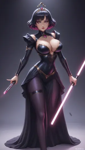 Score_10, A photorealistic, full-body portrait of a tall, striking adult woman elegant Sith Lord. Preserve her natural appearance and proportions. She has a long, softly sculpted oval face with a gently tapered jaw, narrow rounded chin, and a smooth forehead. Her eyebrows are thin, sexy shaped and softly arched. Her large almond-shaped eyes are naturally light green-hazel with a darker outer rim, framed by long, dense eyelashes. As a Sith, transform her irises into luminous amber-gold with subtle fiery orange undertones while maintaining their original shape. She has a slender, straight nose with a softly rounded, tip. Her lips are normal and sexual, with a Cupid’s bow, and soft natural pink coloring. Her complexion is warm and dark sun-kissed with realistic darkly tanned skin, Neon Pink hair is long and curly, majority is swept back dramatically.
She has a slender neck, gently sloping shoulders and a tall, distinctly curvaceous hourglass figure. Her bust is, her rib cage and midsection narrow, and her waist defined with thin hips. Her arms are long and lean with soft natural definition, hands are slender with medium fingers. full shapely thighs and long, proportionate legs. Keep her anatomy realistic, feminine and naturally balanced. sexy lingerie battled hardened Sith Lord rather than a bulky armored soldier. Her fitted Sith ensemble is predominantly anodized pink and metallic black, following the contours of her tall hourglass figure, with elegant, subtle armor panels and polished metallic-pink detailing. flowing black Sith cloak that moves dramatically behind her. Her posture is upright and commanding, shoulders back, chin slightly raised, conveying controlled confidence and quiet danger.
In one hand she holds a spectacular custom pink lightsaber. The blade is brilliant hot-magenta pink, vivid pink atmospheric glow illuminating her face, hand and surrounding surfaces. Its hilt is luxurious polished black onyx, with pink diamond, slender and elegant, dark inset grip sections, intricate mechanical detailing and an ornate sculpted emitter. Give her a calm, sexual expression rather than exaggerated anger. Her bright neon pink eyes, elegant appearance and composed demeanor should contrast with the threatening energy of the weapon. Use cinematic dramatic lighting, realistic skin, hair and fabric detail, subtle atmospheric haze, strong pink reflections from the lightsaber, deep shadows, and mirrored highlights. Full body, head-to-toe composition, realistic proportions, high-end cinematic, pink perfect eyes, huge breasts, <lora:princess_xl_v2:.8>, dress, <lora:xl_princess_dress-2.0:.8>, Bl4ckF1r3, woman, blackhair, outfit, bodysuit, <lora:Blackfire:.8>, sapphire, (jewel, princess), short, hair, ahoge, blue, eyes, medium, breasts, ornament, ribbon, <lora:eea6761f-fe03-461b-b012-c132ffe0dbe4.TA_trained:.8>, Z4r4, Th3, Pr1nc3ss, M4g1c14n, princess, weapon, attack, pose, monster, <lora:Zara_The_Princess_Magician:.8>