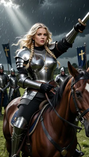 Jeanne, blonde knight, ride, storm, charge, fantasy, knights, sexy, braids, gangbang, orgy, story, masterpiece, rain, light, gras, sword, armor, girl, girlfriend, weather, pose, fight