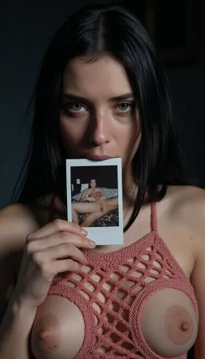 (Full view breasts:2), A close-up, high-quality of a young woman with straight long black hair, looking directly into the camera with an intense and slightly melancholic expression. Her light-colored eyes are fixed on the viewer. She is holding a small, square nude autoportrait instant polaroid photograph, (shows her lying on a patterned bedspread, hands positioned on her pubic area), between her lips. The lighting is moody and dramatic, with a focus on her face, creating a soft glow around her features while the background fades into deep shadow. She wears a burnt rose crocheted halter mesh top, (mesh top:1.9), (top grid:1.9), (transparent top:3), (Areola exposed:2), (open-knit texture:1.9), (((crocheted see through top:1.9))), (Her breasts in a top:1.5), (woman wears inesh top:2), (her the tits is covered by a wear:2), (breasts half covered:1.9), (tits covered:2), The style is reminiscent of stylized digital character art, capturing a cinematic and intimate moment with realistic textures on skin and hair, amateur aesthetic, high detail, sharp focus, atmospheric lighting.