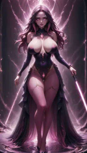 Score_10, A photorealistic, 18-year-old, full-body portrait of a tall, striking adult woman elegant Sith Lord. Preserve her natural appearance and proportions. She has a long, softly sculpted oval face with a gently tapered jaw, narrow rounded chin, and a smooth forehead. Her eyebrows are thin, sexy shaped and softly arched. Her large almond-shaped eyes are naturally light green-hazel with a darker outer rim, framed by long, dense eyelashes. As a Sith, transform her irises into luminous amber-gold with subtle fiery orange undertones while maintaining their original shape. She has a slender, straight nose with a softly rounded, tip. Her lips are normal and sexual, with a Cupid’s bow, and soft natural pink coloring. Her complexion is warm and dark sun-kissed with realistic darkly tanned skin, Neon Pink hair is long and curly, majority is swept back dramatically.
She has a slender neck, gently sloping shoulders and a tall, distinctly curvaceous hourglass figure. Her bust is, her rib cage and midsection narrow, and her waist defined with thin hips. Her arms are long and lean with soft natural definition, hands are slender with medium fingers. full shapely thighs and long, proportionate legs. Keep her anatomy realistic, feminine and naturally balanced. sexy lingerie battled hardened Sith Lord rather than a bulky armored soldier. Her fitted Sith ensemble is predominantly anodized pink and metallic black, following the contours of her tall hourglass figure, with elegant, subtle armor panels and polished metallic-pink detailing. flowing black Sith cloak that moves dramatically behind her. Her posture is upright and commanding, shoulders back, chin slightly raised, conveying controlled confidence and quiet danger.
In one hand she holds a spectacular custom pink lightsaber. The blade is brilliant hot-magenta pink, vivid pink atmospheric glow illuminating her face, hand and surrounding surfaces. Its hilt is luxurious polished black onyx, with pink diamond, slender and elegant, dark inset grip sections, intricate mechanical detailing and an ornate sculpted emitter. Give her a calm, sexual expression rather than exaggerated anger. Her bright neon pink eyes, elegant appearance and composed demeanor should contrast with the threatening energy of the weapon. Use cinematic dramatic lighting, realistic skin, hair and fabric detail, subtle atmospheric haze, strong pink reflections from the lightsaber, deep shadows, and mirrored highlights. Full body, head-to-toe composition, realistic proportions, high-end cinematic, pink perfect eyes, huge breasts, Bl4ckF1r3, woman, blackhair, outfit, bodysuit, <lora:Blackfire:.8>, sapphire, (jewel, princess)