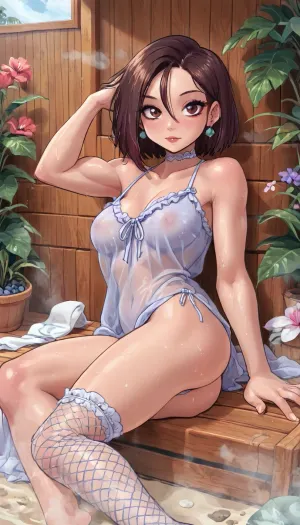 (innv meets jack cayless style), (reiq style, masterpiece, cel-shaded, limited color palette), ((Beautiful Muscles Sexy Ayase from the Dandadan anime body:1.6)), (1girl, solo, alone, 21 year old woman), (crimson eyes), (Brown hair cut flat shoulder length that mostly frames the right side of face), (gorgeous, seductive face, perfect ads, perfect breast, light muscles body, perfect hands, perfect legs, perfect ass, sweaty body), (dak see theow sexy nightgown), (fishnet stockings), (big round green earrings), (chocker), (laying down sexy posing sunbathing), (((sauna, steam, summer, beach, tropical, flowers, plants, background))), ultraviolet light, LoL, Style, ultravio let light, cute, doodle, <lora:LCMTurboMix_Euler_A_fix:2>, <lora:mk_Bp Anime_xl:2>, <lora:cartoon_stickers_xl_v1:2>, <lora:cutedoodle_XL-000012:2>, <lora:eGirls_XL_v1:2>