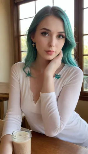 This is a highly detailed, digital illustration in a semi-realistic, anime-inspired style. The image features a slender young woman with striking, long, vibrant green hair that cascades over her shoulders in soft waves. She has a warm, light brown skin tone and large, expressive brown eyes with long lashes. Her facial features are delicate, with a small, slightly upturned nose and full, pink lips. She is wearing a white, long-sleeved blouse adorned with an intricate, turquoise and silver floral brooch at the neckline. She also has large, star-shaped earrings that catch the light.

The woman is leaning slightly forward with her right hand gently touching her hair, and her left arm resting on a wooden table in front of her. Her expression is soft and slightly shy, with a slight blush on her cheeks.

The background depicts a cozy, warmly lit café. The walls are wooden with a rustic texture, and there are shelves with various items such as jars and cups. Sunlight streams in through large windows, casting a golden glow across the scene. On the table, there is a glass jar with sugar and a small coffee pot. The overall atmosphere is warm and inviting, with a focus on the serene and relaxed mood of the subject.