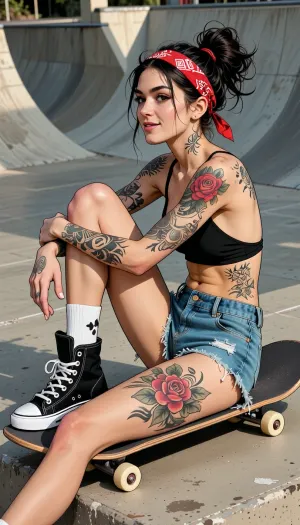 high resolution hand drawn alternative skate culture illustration, composition closely matching the reference image, adult woman, 25 years old, beautiful rebellious skateboarder seated sideways directly on her skateboard in a relaxed compact pose, one knee raised prominently toward her chest, opposite leg folded low along the board, torso upright with a gentle backward lean, both forearms draped loosely across the raised knee, wrists relaxed and fingers hanging naturally, head turned upward in profile, small knowing mischievous smile, carefree confident expression, slim athletic feminine figure with elongated stylized limbs, narrow waist and strong tattooed legs, tiny black cropped halter top with narrow straps, deep side cuts and open back, exposing shoulders, upper back, stomach and waist, distressed turquoise denim cutoff shorts cut high on the thighs with rough frayed edges, white crew socks with small black motifs, oversized worn black high top sneakers with white toe caps and soles, extensive illustrated tattoos covering shoulders upper arms forearms ribs and thighs, roses flowers ornamental patterns and traditional flash motifs, thick dark hair twisted into a high messy bun, wild uneven strands exploding outward around the head and neck, red patterned bandana wrapped around the hairline and tied behind the head with visible tails, expressive loose strands framing the face, pale wooden skateboard underside, small cream wheels and simplified metal trucks, rough concrete platform beneath her, halfpipe and angular ramps indicated behind her with loose gray perspective lines, warm low evening sun creating long graphic shadows, muted palette of charcoal dusty turquoise faded red warm beige and soft skin tones, bold black ink contour lines, expressive varied line weight, cross hatching, stippling, watercolor like washes, slightly rough paper texture, punk zine aesthetic, tattoo flash influence, relaxed sexy urban skate culture mood