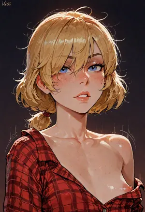 (reiq meets innv and Jack cayless art style), (Incase style:1.2), upper body, blonde hair, short hair, messy hair, low ponytail, bangs over eye, symmetrical eyes, snub nose, plumb lips, parted lips, teeth visible, dusty blue eyes, flat chest, erect puffy nipples, 1girl, solo, (motion lines), freckles everywhere, realistic detailed, deep insertion, rim light, flannel shirt, ((dressed)), one bare shoulder, (dark background, simple background:1.8), skin texture, futuristic-fantasy-anime, incase, style, <lora:sd_xl_turbo_lora_v1-64dim:2>, <lora:futureistic_fantasy_anime_sdxl_v1:2>, <lora:Incase_Style__SDXL:2>