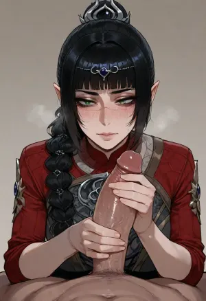 (Ratatatat74), (Shadowheart from Baldur's Gate 3, nose scar, black hair, light green eyes), handjob, simple background, <lora:ratatatat74-000050:.8>