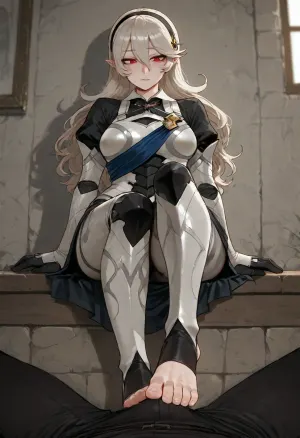 (Ratatatat74), (Corrin), solo, dressed, armor, sitting, toes, footjob, <lora:ratatatat74-000050:.8>