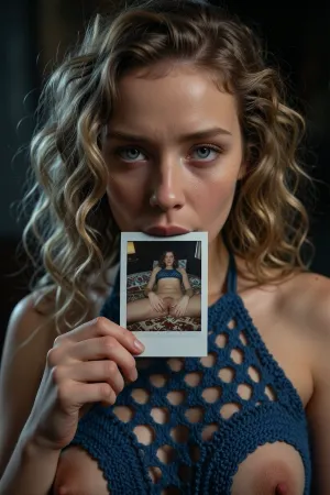 A close-up, high-quality of a young woman with curly blonde hair, looking directly into the camera with an intense and slightly melancholic expression. Her light-colored eyes are fixed on the viewer. She is holding a small, square nude autoportrait instant polaroid photograph, (shows her lying on a patterned bedspread, hands positioned on her pubic area), between her lips. The lighting is moody and dramatic, with a focus on her face, creating a soft glow around her features while the background fades into deep shadow. She wears a burnt blue crocheted halter mesh top, (mesh top:1.9), (top grid:1.9), (transparent top:3), (open-knit texture:1.9), (((crocheted see through top:1.9))), (Her breasts in a top:1.5), (woman wears inesh top:2), (her the tits is covered by a wear:2), (breasts half covered:1.9), (tits covered:2), The style is reminiscent of stylized digital character art, capturing a cinematic and intimate moment with realistic textures on skin and hair, amateur aesthetic, high detail, sharp focus, atmospheric lighting.