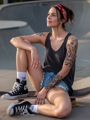 ultra photorealistic cinematic full frame photography, adult woman, 25 years old, breathtakingly beautiful alternative skateboarder, composition closely matching the reference image, seated sideways in a relaxed low position directly on her skateboard at the edge of a concrete skate park, torso upright but loose and comfortable, one knee raised high toward her chest, the other leg folded naturally along the board, forearms resting casually across the raised knee, hands hanging loosely with completely relaxed fingers, subtle mischievous half smile, confident peaceful expression, head turned slightly upward toward the warm evening light, slim naturally athletic body, softly defined legs and arms, realistic skin with visible pores, peach fuzz, faint redness around knees and elbows, tiny imperfections, subtle veins, natural compression where limbs touch, fine perspiration across forehead, neck, shoulders, upper chest, arms and thighs, slight dusty grime on knees shins and palms from skating, dark charcoal sleeveless tank top with worn cotton texture, distressed faded turquoise denim shorts with frayed edges, white crew socks with small black graphic details, worn black canvas high top sneakers with scuffed rubber toe caps, dirty midsoles, textured laces and creased fabric, extensive black and gray tattoos covering arms shoulders and thighs, floral motifs ornamental linework and traditional flash elements following the natural anatomy, dark tousled hair gathered loosely beneath a red patterned bandana, damp strands sticking naturally around temples and neck, scratched wooden skateboard deck, worn grip tape, scratched metal trucks, dusty urethane wheels, concrete halfpipe and ramps softly receding in the background, deep low setting sun near the horizon, warm golden side light, glowing rim light around hair shoulders and legs, long shadows, deep blacks, restrained saturation, strong local contrast, shallow depth of field, 50 mm lens, realistic motionless documentary atmosphere, authentic skate park dust, tactile clothing and skin textures, cinematic sunset realism