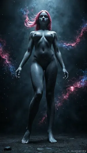 (Full body portrait), of Ellen Joe as a colossal cosmic shark-human giantess, (extreme scale disparity), towering over a miniature swirling galaxy, legs spread wide in a dominant and provocative posture, a ultra_micro-super-tiny-sized fragile human being drawn toward her exposed opened, (detailed intimate anatomy), surreal erotic cosmic void, celestial nebula clouds swirling around her thighs, (hyper-detailed anime character render), soft expressive facial features, playful and hungry expression, glowing cosmic energy emanating from the point of contact, ethereal lighting, cool violet and deep indigo tones, shimmering starlight illuminating her skin, (high-definition cel-shading), vibrant anime color palette, soft gradients, cinematic low-angle perspective from the world below, surreal atmosphere, (masterpiece), high-quality 3D digital art, Kyoto Animation aesthetic, crisp line art, volumetric space dust, (high-fidelity anime render), 8k resolution, trending on Pixiv, masterpiece, highres, ultra-detailed a beautifully detailed anime-inspired visual style focused on soft, expressive, high-definition character rendering. masterpiece