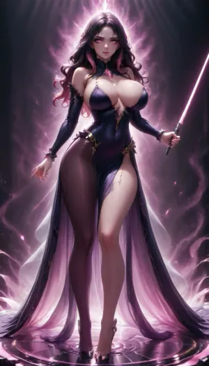 Score_10, A photorealistic, 18-year-old, full-body portrait of a tall, striking adult woman elegant Sith Lord. Preserve her natural appearance and proportions. She has a long, softly sculpted oval face with a gently tapered jaw, narrow rounded chin, and a smooth forehead. Her eyebrows are thin, sexy shaped and softly arched. Her large almond-shaped eyes are naturally light green-hazel with a darker outer rim, framed by long, dense eyelashes. As a Sith, transform her irises into luminous amber-gold with subtle fiery orange undertones while maintaining their original shape. She has a slender, straight nose with a softly rounded, tip. Her lips are normal and sexual, with a Cupid’s bow, and soft natural pink coloring. Her complexion is warm and dark sun-kissed with realistic darkly tanned skin, Neon Pink hair is long and curly, majority is swept back dramatically.
She has a slender neck, gently sloping shoulders and a tall, distinctly curvaceous hourglass figure. Her bust is, her rib cage and midsection narrow, and her waist defined with thin hips. Her arms are long and lean with soft natural definition, hands are slender with medium fingers. full shapely thighs and long, proportionate legs. Keep her anatomy realistic, feminine and naturally balanced. sexy lingerie battled hardened Sith Lord rather than a bulky armored soldier. Her fitted Sith ensemble is predominantly anodized pink and metallic black, following the contours of her tall hourglass figure, with elegant, subtle armor panels and polished metallic-pink detailing. flowing black Sith cloak that moves dramatically behind her. Her posture is upright and commanding, shoulders back, chin slightly raised, conveying controlled confidence and quiet danger.
In one hand she holds a spectacular custom pink lightsaber. The blade is brilliant hot-magenta pink, vivid pink atmospheric glow illuminating her face, hand and surrounding surfaces. Its hilt is luxurious polished black onyx, with pink diamond, slender and elegant, dark inset grip sections, intricate mechanical detailing and an ornate sculpted emitter. Give her a calm, sexual expression rather than exaggerated anger. Her bright neon pink eyes, elegant appearance and composed demeanor should contrast with the threatening energy of the weapon. Use cinematic dramatic lighting, realistic skin, hair and fabric detail, subtle atmospheric haze, strong pink reflections from the lightsaber, deep shadows, and mirrored highlights. Full body, head-to-toe composition, realistic proportions, high-end cinematic, pink perfect eyes, huge breasts, Bl4ckF1r3, woman, blackhair, outfit, bodysuit, <lora:Blackfire:.8>, sapphire, (jewel, princess)