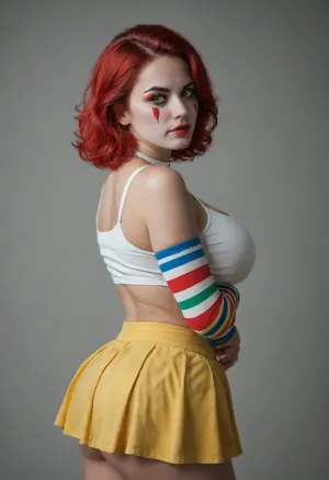 A studio photo of a woman with huge breasts and round ass in stylized Ronald McDonald cosplay, looking back over her shoulder with a serious expression. She has red medium-length hair, white clown face paint, a red clown nose, and dark tear-streaked eye makeup. Wearing a yellow crop top with red-and-white striped arm warmers, a single yellow glove, a white choker, and a yellow pleated mini-skirt with red tabs. Soft studio lighting, neutral two-tone grey wall background, clean editorial fashion portrait photography, shot on 35mm lens