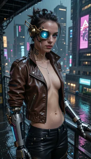 A masterful cinematic photograph, the pinnacle of photorealistic cyberpunk portraiture. The central subject is a strikingly beautiful 22-year-old cyberpunk woman with sharply defined features and luminous electric cyan eyes revealing intricate iris detail. She wears a brown leather jacket with visible surface scuffs and deep creased texture, worn wide open over tight-fitting black leather pants with reinforced stitching and metallic zippers, reveling her breasts.

Her hair is styled in a sharp, edgy cyberpunk mohawk glistening with rainwater. Affixed directly over her right eye is an intricate square cybernetic monocle implant, a dark optical frame with reinforced brass-and-copper housing, featuring a glowing cyan HUD lens with flickering micro-data streams, tiny crosshairs, and holographic UI elements projected onto her pupil. Delicate silver wires, micro-solder points, and hyper-detailed copper circuits branch out from the frame, running seamlessly along her cheekbone and anchoring into her temple with small titanium dermal studs.

Her entire left arm is a heavy industrial cybernetic prosthesis made of segmented matte-finish titanium plates, visible rotating mechanical elbow joints, exposed bundled copper and fiber-optic cables emitting a faint blue glow, hydraulic piston actuators along the forearm, and articulate robotic fingers gripping a railing.

She stands in a relaxed, confident pose on a rain-slicked, elevated steel walkway overlooking a vast, neon-bathed nocturnal megacity. Her expression is serene, piercing, and intensely cinematic. The rendering captures raw organic skin texture, including subtle micro-pores, fine downy hair, and realistic water droplets trickling down her cheeks.

The setting is a rain-soaked cyberpunk metropolis in the dead of night, featuring colossal skyscrapers, floating holographic advertisements, and a dense fog stretching to the horizon. A walkway descends toward a flooded, glowing esplanade below that reflects the brilliant neon lights. The scene is bathed in dramatic, high-contrast volumetric lighting—blending deep magenta, teal, and electric cyan—that cuts through the thick atmospheric haze and driving rain. Captured with a professional 85mm prime lens at f/1.4, cinematic depth of field, razor-sharp focus on the face, soft-bokeh background, hyper-realistic fabric textures, natural leather creases, volumetric light rays, 8k resolution.