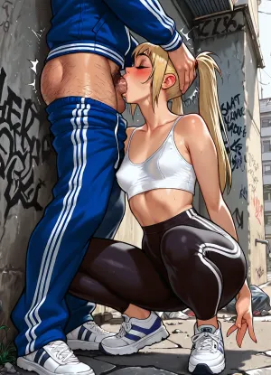 (Melkor Mancin:1.3), (Eastern European ghetto atmosphere), (grey apartment block, trash on ground, hiden place), (pleasured tough blonde Slavic slut), narrow hips, small breasts, leggings pulled down exposing her crotch, loose short top, soft bra, sneakers, ponytails, hard makeup, long eyelashes, (squatting rough deepthroat:1.2), emotional, cinematic, cartoon effects, hangover sex, (hard-looking Slavic street thug, aggressive expression, full navy tracksuit, graffiti, broken pavement, post-Soviet gritty vibe), hairy cock exposed, tired boy fuck girl, risky sex, deep shadows, realistic, cheating, hard cumming in her throat, side angle view, she want fuck