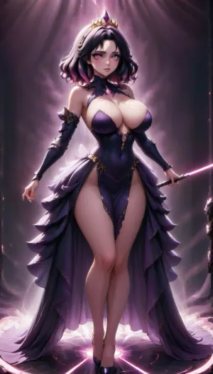 Score_10, A photorealistic, full-body portrait of a tall, striking adult woman elegant Sith Lord. Preserve her natural appearance and proportions. She has a long, softly sculpted oval face with a gently tapered jaw, narrow rounded chin, and a smooth forehead. Her eyebrows are thin, sexy shaped and softly arched. Her large almond-shaped eyes are naturally light green-hazel with a darker outer rim, framed by long, dense eyelashes. As a Sith, transform her irises into luminous amber-gold with subtle fiery orange undertones while maintaining their original shape. She has a slender, straight nose with a softly rounded, tip. Her lips are normal and sexual, with a Cupid’s bow, and soft natural pink coloring. Her complexion is warm and dark sun-kissed with realistic darkly tanned skin, Neon Pink hair is long and curly, majority is swept back dramatically.
She has a slender neck, gently sloping shoulders and a tall, distinctly curvaceous hourglass figure. Her bust is, her rib cage and midsection narrow, and her waist defined with thin hips. Her arms are long and lean with soft natural definition, hands are slender with medium fingers. full shapely thighs and long, proportionate legs. Keep her anatomy realistic, feminine and naturally balanced. sexy lingerie battled hardened Sith Lord rather than a bulky armored soldier. Her fitted Sith ensemble is predominantly anodized pink and metallic black, following the contours of her tall hourglass figure, with elegant, subtle armor panels and polished metallic-pink detailing. flowing black Sith cloak that moves dramatically behind her. Her posture is upright and commanding, shoulders back, chin slightly raised, conveying controlled confidence and quiet danger.
In one hand she holds a spectacular custom pink lightsaber. The blade is brilliant hot-magenta pink, vivid pink atmospheric glow illuminating her face, hand and surrounding surfaces. Its hilt is luxurious polished black onyx, with pink diamond, slender and elegant, dark inset grip sections, intricate mechanical detailing and an ornate sculpted emitter. Give her a calm, sexual expression rather than exaggerated anger. Her bright neon pink eyes, elegant appearance and composed demeanor should contrast with the threatening energy of the weapon. Use cinematic dramatic lighting, realistic skin, hair and fabric detail, subtle atmospheric haze, strong pink reflections from the lightsaber, deep shadows, and mirrored highlights. Full body, head-to-toe composition, realistic proportions, high-end cinematic, pink perfect eyes, huge breasts, <lora:princess_xl_v2:.8>, dress, <lora:xl_princess_dress-2.0:.8>, Bl4ckF1r3, woman, blackhair, outfit, bodysuit, <lora:Blackfire:.8>, sapphire, (jewel, princess), short, hair, ahoge, blue, eyes, medium, breasts, ornament, ribbon, <lora:eea6761f-fe03-461b-b012-c132ffe0dbe4.TA_trained:.8>, Z4r4, Th3, Pr1nc3ss, M4g1c14n, princess, weapon, attack, pose, monster, <lora:Zara_The_Princess_Magician:.8>