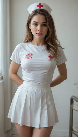 Beautiful realistic nurse"White ""Wear a white T-shirt under your nurse uniform""White pleated skirt"