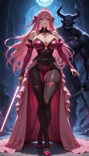 Score_10, A photorealistic, full-body portrait of a tall, striking adult woman elegant Sith Lord. Preserve her natural appearance and proportions. She has a long, softly sculpted oval face with a gently tapered jaw, narrow rounded chin, and a smooth forehead. Her eyebrows are thin, sexy shaped and softly arched. Her large almond-shaped eyes are naturally light green-hazel with a darker outer rim, framed by long, dense eyelashes. As a Sith, transform her irises into luminous amber-gold with subtle fiery orange undertones while maintaining their original shape. She has a slender, straight nose with a softly rounded, tip. Her lips are normal and sexual, with a Cupid’s bow, and soft natural pink coloring. Her complexion is warm and dark sun-kissed with realistic darkly tanned skin, Neon Pink hair is long and curly, majority is swept back dramatically.
She has a slender neck, gently sloping shoulders and a tall, distinctly curvaceous hourglass figure. Her bust is, her rib cage and midsection narrow, and her waist defined with thin hips. Her arms are long and lean with soft natural definition, hands are slender with medium fingers. full shapely thighs and long, proportionate legs. Keep her anatomy realistic, feminine and naturally balanced. sexy lingerie battled hardened Sith Lord rather than a bulky armored soldier. Her fitted Sith ensemble is predominantly anodized pink and metallic black, following the contours of her tall hourglass figure, with elegant, subtle armor panels and polished metallic-pink detailing. flowing black Sith cloak that moves dramatically behind her. Her posture is upright and commanding, shoulders back, chin slightly raised, conveying controlled confidence and quiet danger.
In one hand she holds a spectacular custom pink lightsaber. The blade is brilliant hot-magenta pink, vivid pink atmospheric glow illuminating her face, hand and surrounding surfaces. Its hilt is luxurious polished black onyx, with pink diamond, slender and elegant, dark inset grip sections, intricate mechanical detailing and an ornate sculpted emitter. Give her a calm, sexual expression rather than exaggerated anger. Her bright neon pink eyes, elegant appearance and composed demeanor should contrast with the threatening energy of the weapon. Use cinematic dramatic lighting, realistic skin, hair and fabric detail, subtle atmospheric haze, strong pink reflections from the lightsaber, deep shadows, and mirrored highlights. Full body, head-to-toe composition, realistic proportions, high-end cinematic, pink perfect eyes, huge breasts, <lora:princess_xl_v2:.8>, dress, <lora:xl_princess_dress-2.0:.8>, Bl4ckF1r3, woman, blackhair, outfit, bodysuit, <lora:Blackfire:.8>, sapphire, (jewel, princess), short, hair, ahoge, blue, eyes, medium, breasts, ornament, ribbon, <lora:eea6761f-fe03-461b-b012-c132ffe0dbe4.TA_trained:.8>, Z4r4, Th3, Pr1nc3ss, M4g1c14n, princess, weapon, attack, pose, monster, <lora:Zara_The_Princess_Magician:.8>