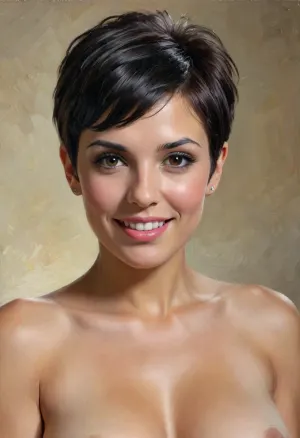 A medium close up portrait Classic academic oil painting depicting seductive smiling ironic 36 yo seductive Spanish Mexican Latino woman, ((Black)), (((pixie haircut))), (((nude))), ((high natural big boobs)), in style by John Singer Sargent, 3/4 shot over the shoulder shot, seamless suntan, volumetric light, dramatic cinematic light, masterpiece, <lora:oil painting:.4>, <lora:great_lighting:.4>