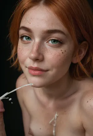 Side view, beautiful 30 year old woman, perfect, wrinkled face, nude woman, extremely pale skin, very white skin, German, albino white skin, ((small breasts, upturned dark nipples)), eyes wide open, green eyes, ((freckles on face:1.8)), enjoying, short red hair, faint smile on her face, ((handjob)), (small black cock:1.6), bright orange hair, (smiling, closed mouth), (ejaculation:1.7), cum dripping from her chin, (cum on breasts, cum in cleavage:1.6), projectile cum, dark room, black background