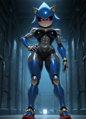 (Genderbent Metal Sonic:1.6), sleek black and metallic blue robotic body, sharp angular armor plating, glowing red optical sensors, streamlined head with fin-like crest, powerful mechanical limbs, smooth metallic torso with exposed mechanical joints, tall athletic robotic frame, large reinforced chest plating, narrow waist section, wide hip servos, thick powerful mechanical thighs, firm rounded metallic ass, black and blue color scheme with yellow accents, highly detailed chrome and matte metal textures, (seductive expression:1.5), (standing over viewer:1.5), one mechanical foot forward, hand on hip plating, looking down, dark hangar, dramatic blue lighting, flat, chest, big, breasts, huge, gigantic, small, hips, thighs, wide, thick, plump, belly, muscular, female, arms, extra, abs, <lora:Venus_Body_Alpha:.8>