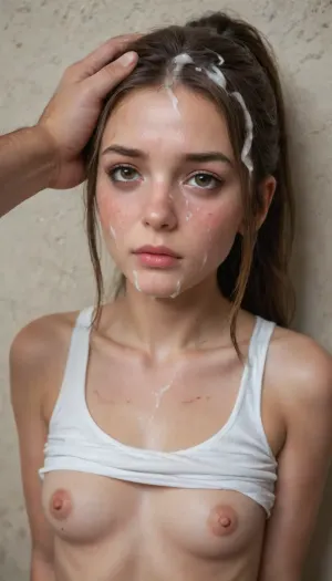 1girl, long hair, breasts, blush, small round breasts, tiny hard nipples, tiny areolas, brown hair, 1boy, closed mouth, bare shoulders, brown eyes, nipples, collarbone, upper body, ponytail, hetero, solo focus, clothes lift, looking to the side, lips, pov, nose blush, shirt lift, grabbing, arms tied behind her back, whip marks on tits, wet skin, tank top, grabbing her throat, freckles, (sad), (depressed), abused, ((crying)), (ruined makeup), tears, out of frame, nose, rough groping, (squeezing neck hard), choking, pov hands, against wall, deep skin, ribbed white tank top, firm breasts, (cum on face:1.8), (cum in hair:2), (long cum drips on chin)